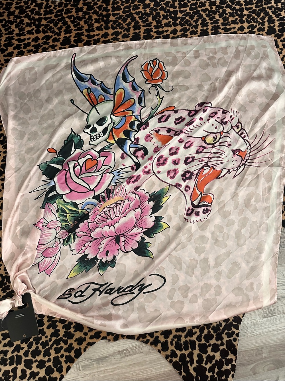 Ed Hardy Pink Floral & Leopard Print Silk Scarf